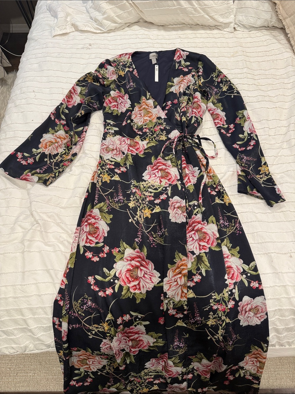 Floral Wrap Midi Dress - Black with Pink Rose Print
